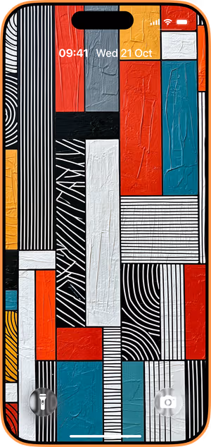 Wallpaper preview on iPhone 17 Pro Max running iOS 26 - Color Block Linework Collage