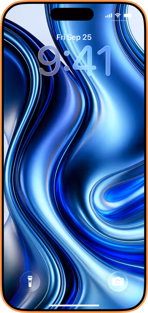 Wallpaper preview on iPhone 17 Pro Max running iOS 26 - Glossy Blue Abstract Curves
