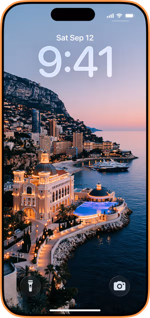Wallpaper preview on iPhone 17 Pro Max running iOS 26 - Elegant Monaco Coastline