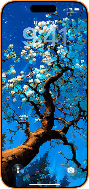 Wallpaper preview on iPhone 17 Pro Max running iOS 26 - Azure Blossom Tree