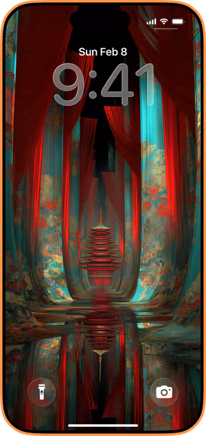 Wallpaper preview on iPhone 17 Pro Max running iOS 26 - Crimson Pagoda Hall