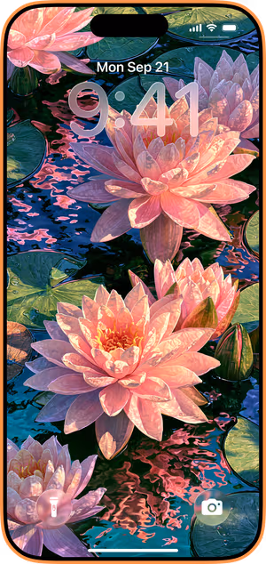 Wallpaper preview on iPhone 17 Pro Max running iOS 26 - Painterly Pink Water Lilies
