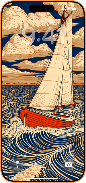 Wallpaper preview on iPhone 17 Pro Max running iOS 26 - Vintage Red Sailboat