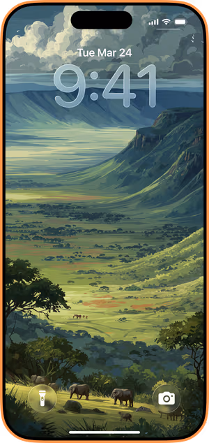 Wallpaper preview on iPhone 17 Pro Max running iOS 26 - Savanna Valley Vista
