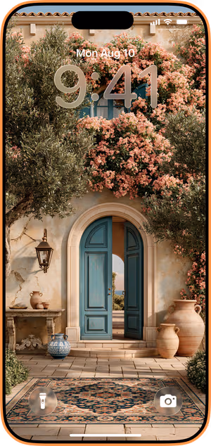 Wallpaper preview on iPhone 17 Pro Max running iOS 26 - Teal Courtyard Bougainvillea
