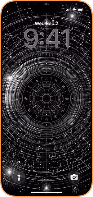 Wallpaper preview on iPhone 17 Pro Max running iOS 26 - Monochrome Zodiac Chart
