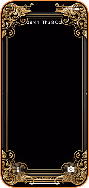Wallpaper preview on iPhone 17 Pro Max running iOS 26 - Baroque Gold Frame