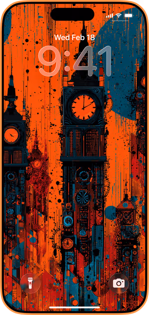 Wallpaper preview on iPhone 17 Pro Max running iOS 26 - Clock Tower Neon Spires