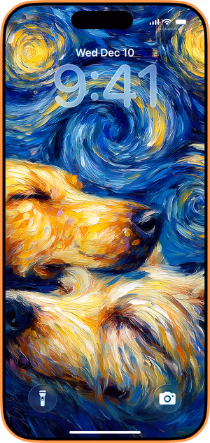 Wallpaper preview on iPhone 17 Pro Max running iOS 26 - Starry Night Pups