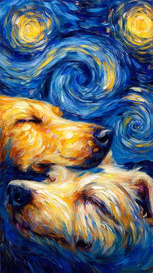 Van Gogh style painting of two sleeping dogs centered on a blue and gold starry background, ultra HD image.