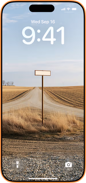 Wallpaper preview on iPhone 17 Pro Max running iOS 26 - Quiet Country Signpost