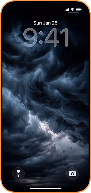 Wallpaper preview on iPhone 17 Pro Max running iOS 26 - Swirling Stormscape
