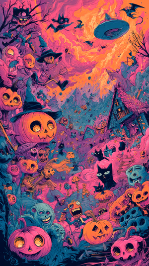 Neon surreal Halloween pumpkin night centered on pink orange skies with witches and black cats in a neon aesthetic, ultra hd background.