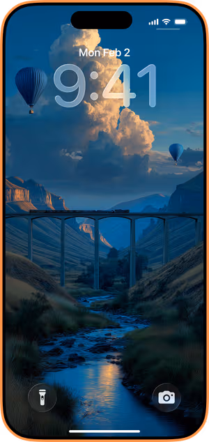 Wallpaper preview on iPhone 17 Pro Max running iOS 26 - Dusk Valley Balloons