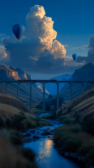 Cinematic hot air balloons centered over a blue gold dusk valley with reflective river, ultra HD image.