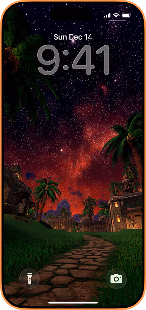 Wallpaper preview on iPhone 17 Pro Max running iOS 26 - Crimson Starry Village