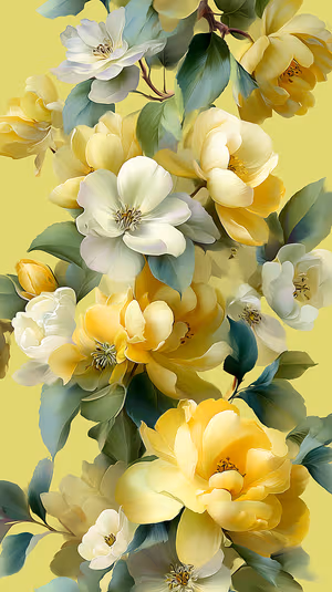 Painterly peonies centered on a pale chartreuse background with yellow and cream blooms ultra HD floral image