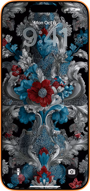 Wallpaper preview on iPhone 17 Pro Max running iOS 26 - Baroque Jewel Blooms