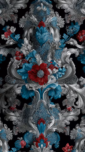 Ornate baroque floral pattern with teal, silver, and deep red blooms on a black background ultra HD iPhone background