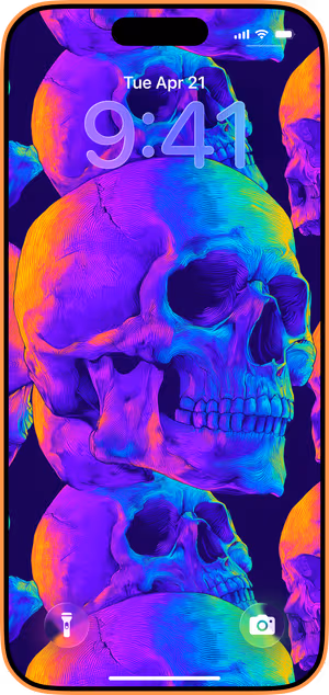 Wallpaper preview on iPhone 17 Pro Max running iOS 26 - Electric Neon Skulls