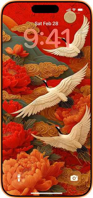 Wallpaper preview on iPhone 17 Pro Max running iOS 26 - Crane Peony Flight