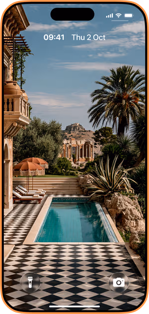 Wallpaper preview on iPhone 17 Pro Max running iOS 26 - Mediterranean Villa Pool