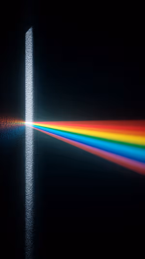 Dark minimalist prism dispersing a vibrant rainbow spectrum centered on a black background in a sleek aesthetic