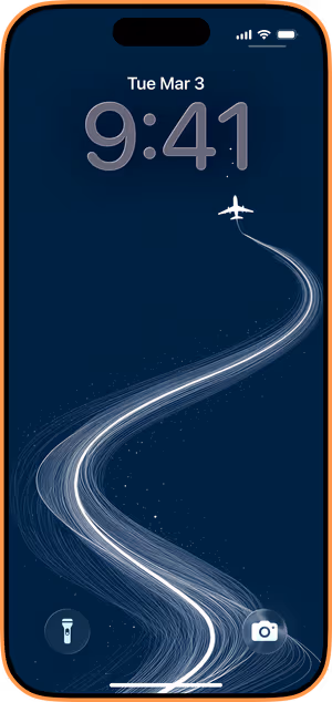 Wallpaper preview on iPhone 17 Pro Max running iOS 26 - Midnight Flight Trail