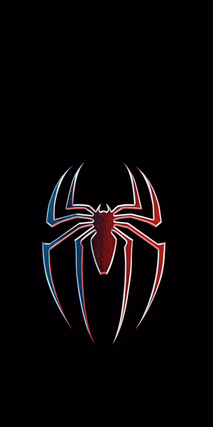 Minimalist spider emblem centered on a black background with red and blue tones in a sleek vector aesthetic, ultra HD