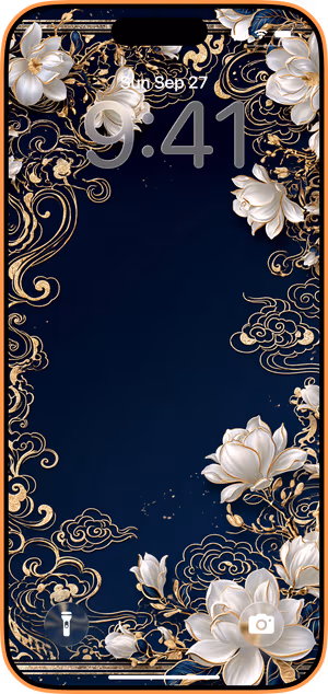 Wallpaper preview on iPhone 17 Pro Max running iOS 26 - Navy Gold Magnolia Frame