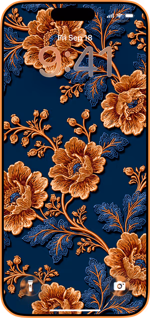 Wallpaper preview on iPhone 17 Pro Max running iOS 26 - Copper Floral Embroidery