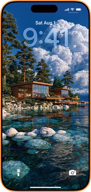 Wallpaper preview on iPhone 17 Pro Max running iOS 26 - Cumulus Lake Retreat
