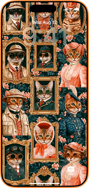Wallpaper preview on iPhone 17 Pro Max running iOS 26 - Vintage Cat Portraits
