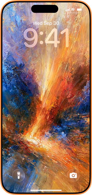 Wallpaper preview on iPhone 17 Pro Max running iOS 26 - Electric Blue Orange Abstract
