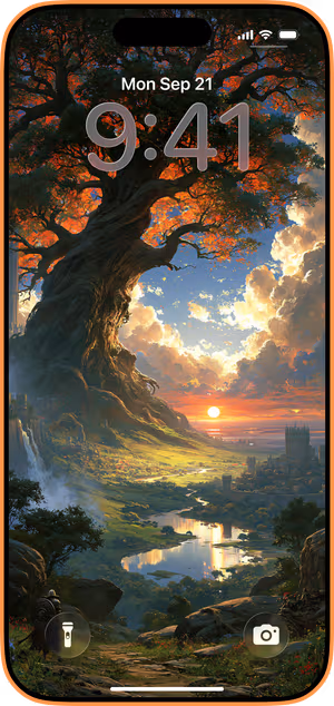Wallpaper preview on iPhone 17 Pro Max running iOS 26 - Ancient Tree Sunset