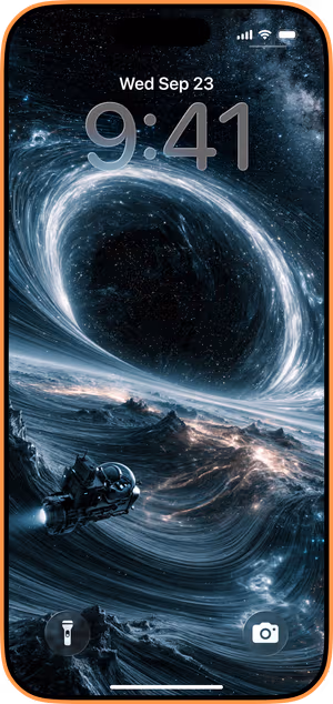 Wallpaper preview on iPhone 17 Pro Max running iOS 26 - Cosmic Vortex Spacecraft