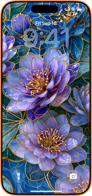 Wallpaper preview on iPhone 17 Pro Max running iOS 26 - Blue Gold Floral Glass
