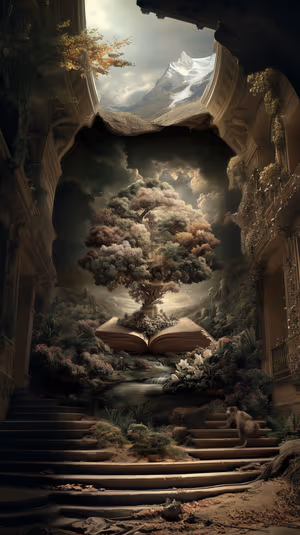 Surreal book tree centered on a misty green background with snowy blue highlights in a cinematic fantasy aesthetic, ultra HD