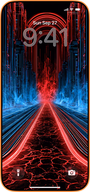 Wallpaper preview on iPhone 17 Pro Max running iOS 26 - Cyberpunk Neon Portal