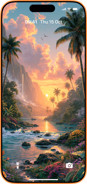 Wallpaper preview on iPhone 17 Pro Max running iOS 26 - Tropical Sunset Paradise