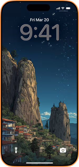 Wallpaper preview on iPhone 17 Pro Max running iOS 26 - Starry Cliff Village