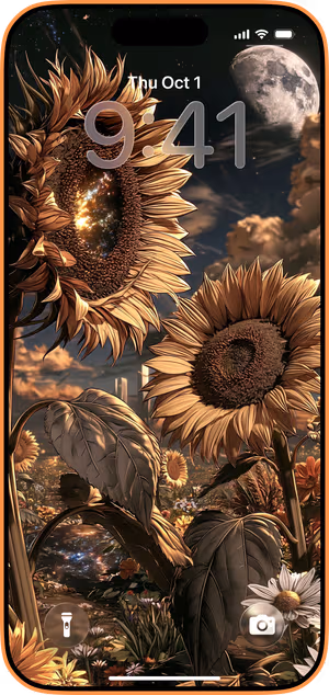 Wallpaper preview on iPhone 17 Pro Max running iOS 26 - Moonlit Sunflower Garden