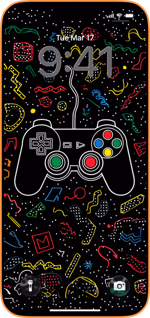 Wallpaper preview on iPhone 17 Pro Max running iOS 26 - Retro Gamepad Doodle
