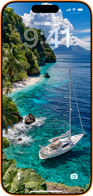 Wallpaper preview on iPhone 17 Pro Max running iOS 26 - Turquoise Coast Sailboat