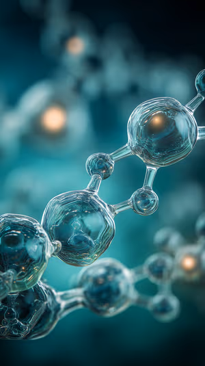Futuristic glass molecule macro with teal bokeh and warm golden cores ultra hd abstract background.