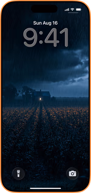 Wallpaper preview on iPhone 17 Pro Max running iOS 26 - Moody Rainstorm Farmhouse
