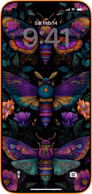 Wallpaper preview on iPhone 17 Pro Max running iOS 26 - neon moth trio