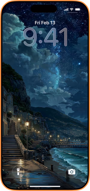 Wallpaper preview on iPhone 17 Pro Max running iOS 26 - moonlit coastal promenade