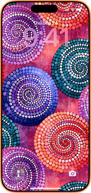 Wallpaper preview on iPhone 17 Pro Max running iOS 26 - Colorful Spiral Dot Art