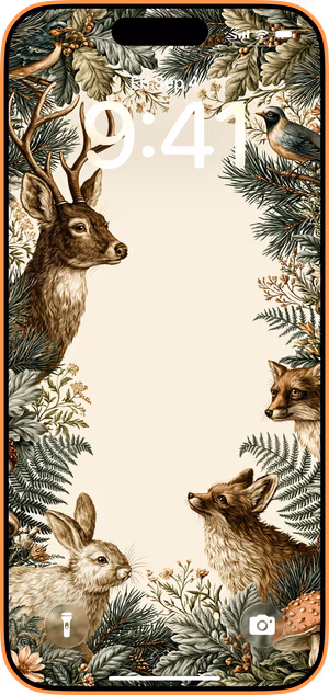 Wallpaper preview on iPhone 17 Pro Max running iOS 26 - Woodland Animal Botanical Border